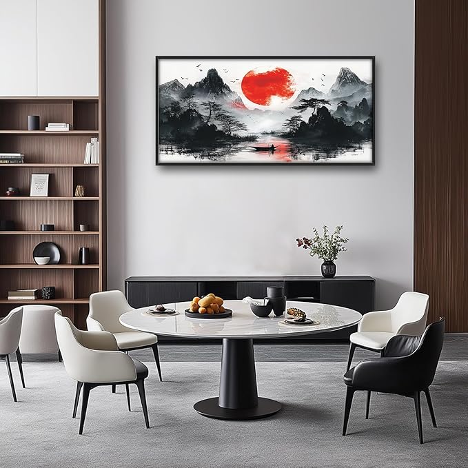 Framed Large Japanese Mountain Wall Art for Living Room, Oversized Asian Red Sun Lake Landscape Wall Decor Nature Canvas Painting Home Decoration for Living Room Bedroom Office 60"x30"-PurrikoPets