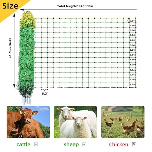 Electric Fence Netting,164'Lx49.6"H, Electric Livestock Netting with 14 Double Barbed Poles, Suitable for Pigs, Cows, Sheep and Other Large Animals, Portable Electric Fence for Farms, Ranches-PurrikoPets