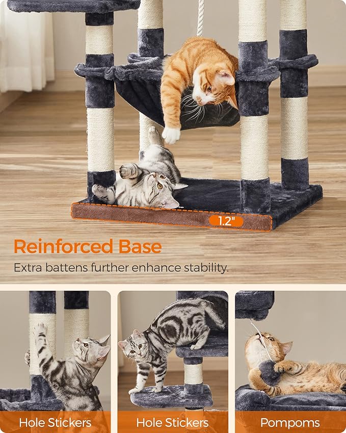 FEANDREA Cat Tree, Cat Tower for Indoor Cats, 56.3-Inch Cat Condo with Scratching Posts, Hammock, Plush Perch, Smoky Gray UPCT15GYZ-PurrikoPets