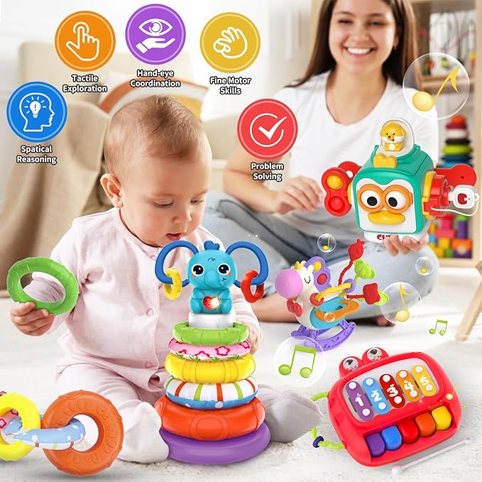 4 in 1 Baby Toy for 6 9 12 18 Month, Learning Toys for Babies 6-12 Months, Baby Busy Cube, Stacking Sorter, Pull String & Piano Xylophone Travel Toy, Birthday Gift for 1 2 Year Old-PurrikoPets