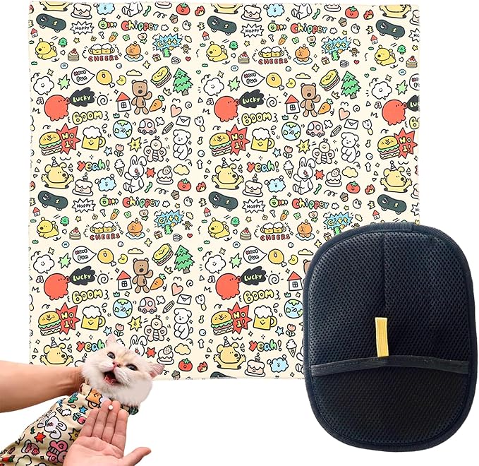 27.6x27.6 Cat Wrap for Cutting Nails, Cat Grooming Wrap with Pet Hair Removal Glove, Cats Restraint for Nail Clipping Ear Cleaning Teeth Brushing-PurrikoPets