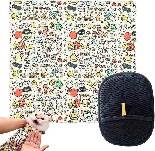 27.6x27.6 Cat Wrap for Cutting Nails, Cat Grooming Wrap with Pet Hair Removal Glove, Cats Restraint for Nail Clipping Ear Cleaning Teeth Brushing-PurrikoPets