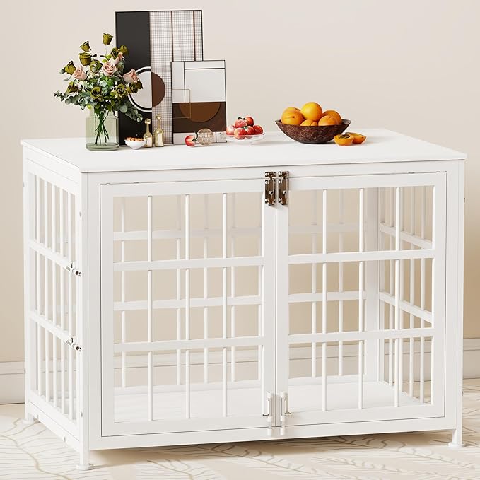 32 Inch Heavy Duty Wooden Dog Kennel End Table with Double Door Design and Secure Locks, Indoor Pet Crate Furniture for Medium Dogs, Decorative Home Cage Design,White-PurrikoPets