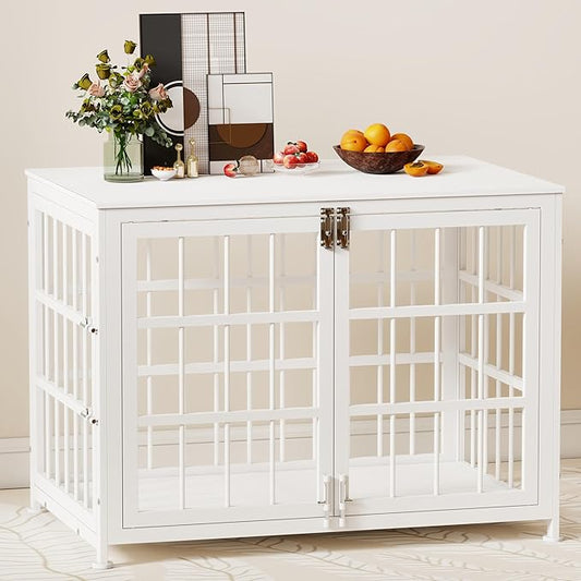 32 Inch Heavy Duty Wooden Dog Kennel End Table with Double Door Design and Secure Locks, Indoor Pet Crate Furniture for Medium Dogs, Decorative Home Cage Design,White-PurrikoPets