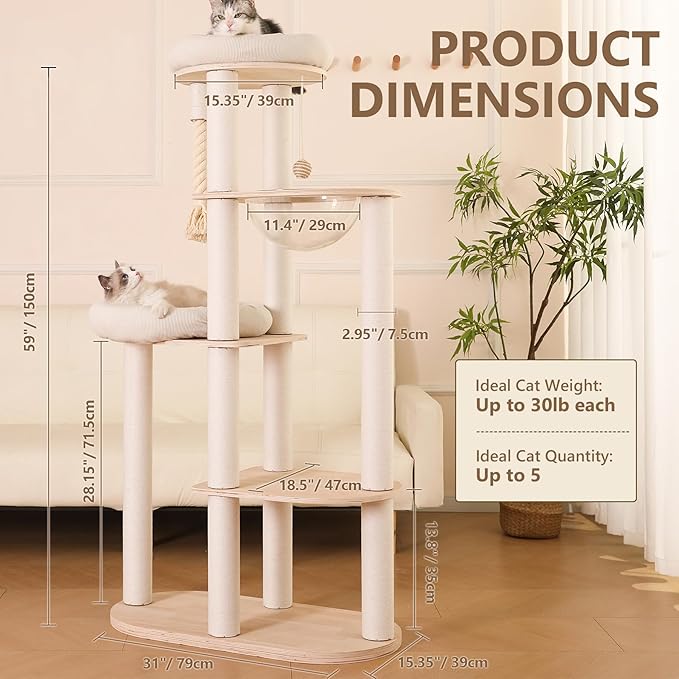 59" Modern Cat Tree Multi-Level Large Cat Tower Heavy Duty Cat Tree with Hammock,Cotton Scratching Post and Washable Cushions-PurrikoPets