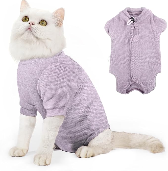 Dotoner Cat Surgery Recovery Suit for Female Male Anti-Licking Pet Surgical Pajamas Long Sleeve Prevent Shedding Cat Spay Recovery Suit&E Collar Alternative Bodysuit for Cats-PurrikoPets