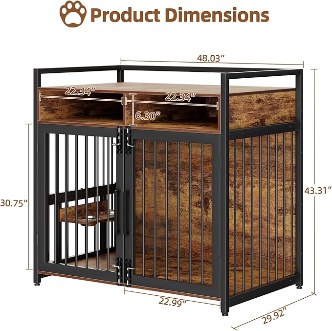 Furniture Style Dog Crate with Storage, 48 Inch Dog Crate Furniture with Double Doors, 2 Stainless Steel Bowls, Dog Crate Furniture-Style Crate for Large/Medium Dog-PurrikoPets