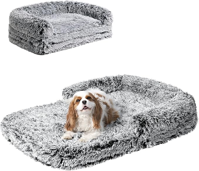 EHEYCIGA Foldable Dog Bed, Faux Fur Fluffy Dog Couch Bed, Orthopedic Calming Memory Foam Pet Bed for Small Dogs, Washable Soft Warm Pet Sofa Bed with Non-Slip Bottom, Faded Black, 40"x30"x6"-PurrikoPets