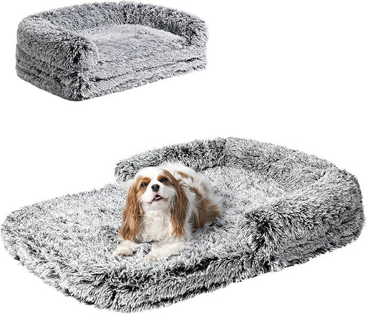 EHEYCIGA Foldable Dog Bed, Faux Fur Fluffy Dog Couch Bed, Orthopedic Calming Memory Foam Pet Bed for Small Dogs, Washable Soft Warm Pet Sofa Bed with Non-Slip Bottom, Faded Black, 40"x30"x6"-PurrikoPets