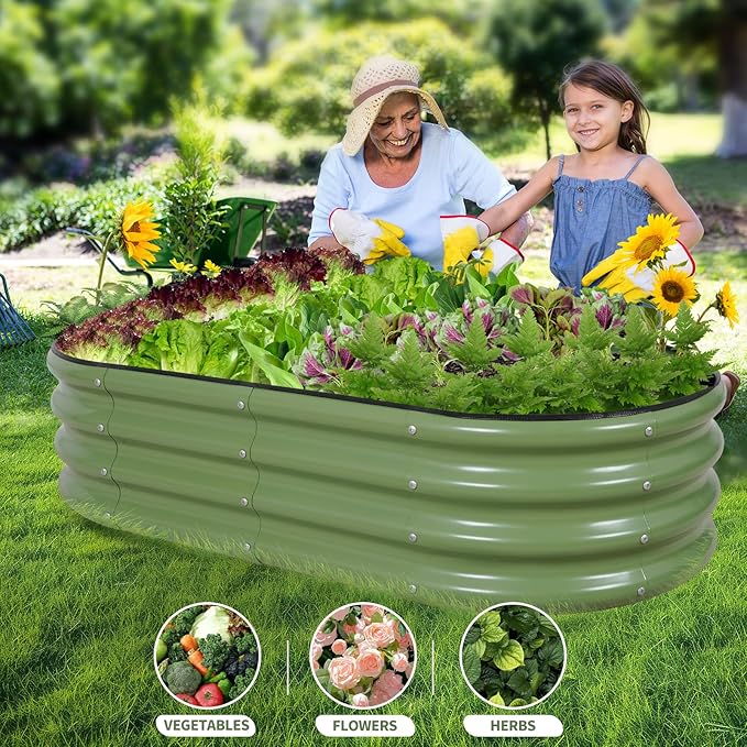 Galvanized Raised Garden Bed Outdoor- Raised Beds for Gardening| Metal Planter Box, Steel Raised Garden Bed Kit with Safety Edging and Gloves for Vegetables, Flower, Herbs (4x2x1FT, Green)-PurrikoPets