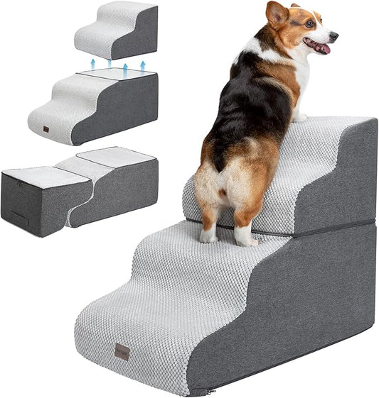 Dog Stairs for High Beds, 4-Step Dog Steps for Small Dogs and Cats, Foldable Pet Stairs for High Bed Climbing, Non-Slip Balanced Pet Step Indoor, Light Grey-PurrikoPets