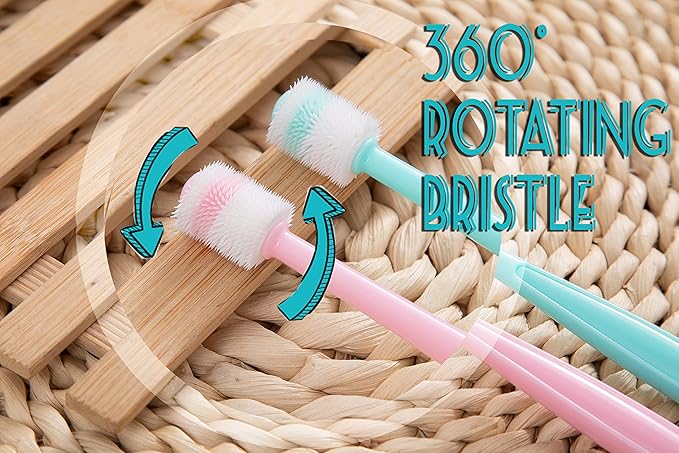 E.M&S.T by Emmeliestella Small Dog & Cat Toothbrush 360 Degree Soft Silicone, Cat Dental Care, Toothbrush Holder, Easy to Handle, Independent Packaging, Extra Suction Cup, Light Blue&Light Pink 3PCS-PurrikoPets