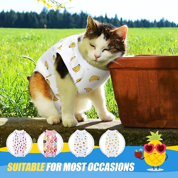 4 Pieces Cat Recovery Suits Body Wraps Breathable Kittens Recovery Clothes for Cats Small Dogs Abdominal Weaning(Banana, Football, Strawberry, Donut,M)-PurrikoPets