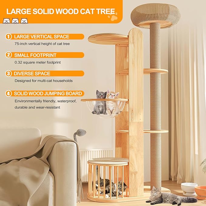 75 inch Cat Tree Tower for Indoor Cats Large Adult, Modern Big Cat Climbing Tower, Tall Cats Post, Corner Wood Cute Cat Condo with Sisal Scratching Posts-PurrikoPets