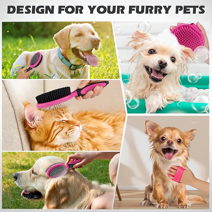 2PCS Pet Grooming Tools - Double-Sided Brush for Shedding and Bathing, Suitable for Short/Long Haired Dogs Cats and Horses, Deshedding Dog Brush, Mane & Tail Combs for Horses - Pet Supplies (Pink)-PurrikoPets