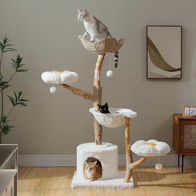 59" Modern Cat Tree Tower for Large Cats w/2 Flower Perches-Natural Solid Wood Scratching Post with Real Branch-Luxury Boho Cat Furniture w/Condo & Wicker Basket Bed, Cloud White-PurrikoPets