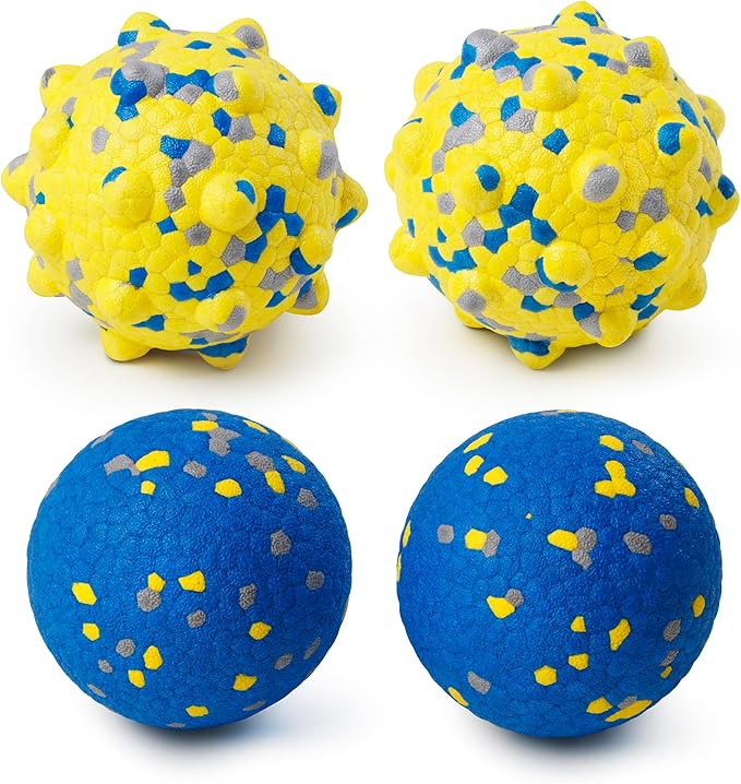 Dog Tennis Balls for Aggressive Chewers, Indestructible Durable Bouncy Interactive Toy for Dogs Fetch Game Lightweight Floating Outdoor Training(2 Yellow Point+ 2 Blue Cirle Medium)-PurrikoPets