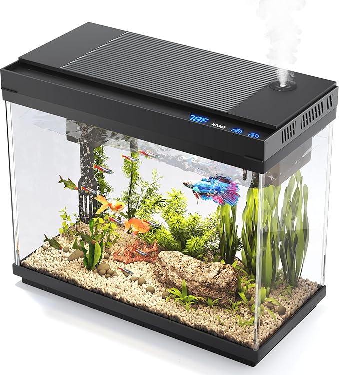 Fish Tank, 2.4 Gallon Fish Aquarium, Fish Tank Starter kit with Smart Humidifier, Temperature Display, 7-Color Lighting, 3 in 1 Quiet Pump with Filteration & Oxygenation & Circulation-PurrikoPets