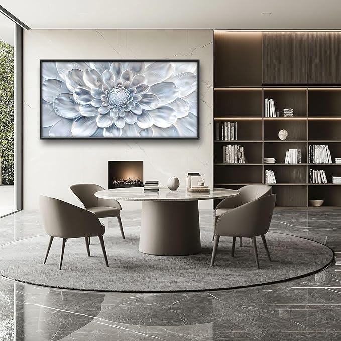 Abstract Flower Large Wall Art White Silver Floral Pictures Wall Decor Neutral Canvas Print Painting Artwork for Bathroom Living Room Bedroom 60L" x 30W"-PurrikoPets