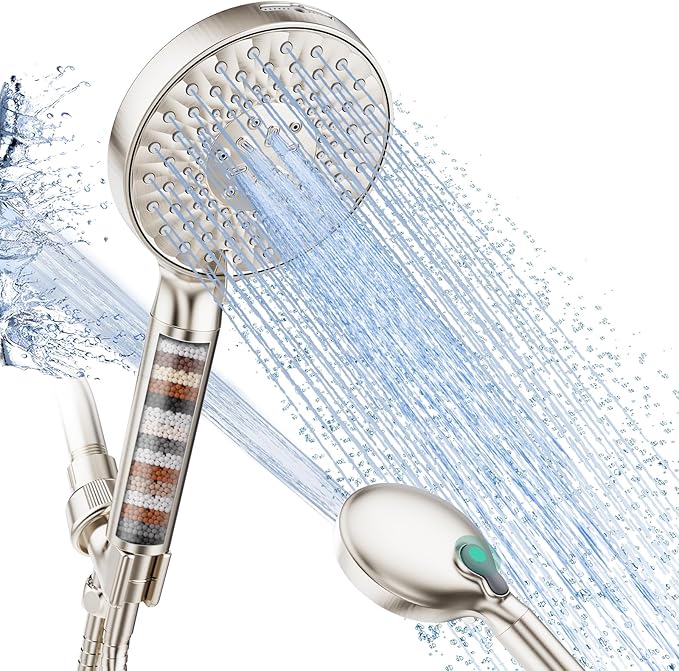 Filtered Shower Head with Handheld, High Pressure 9 Spray Mode Brushed Nickel Showerhead with Filters, detachable shower head,Water Softener Filters Beads for Hard Water - Remove Chlorine-PurrikoPets