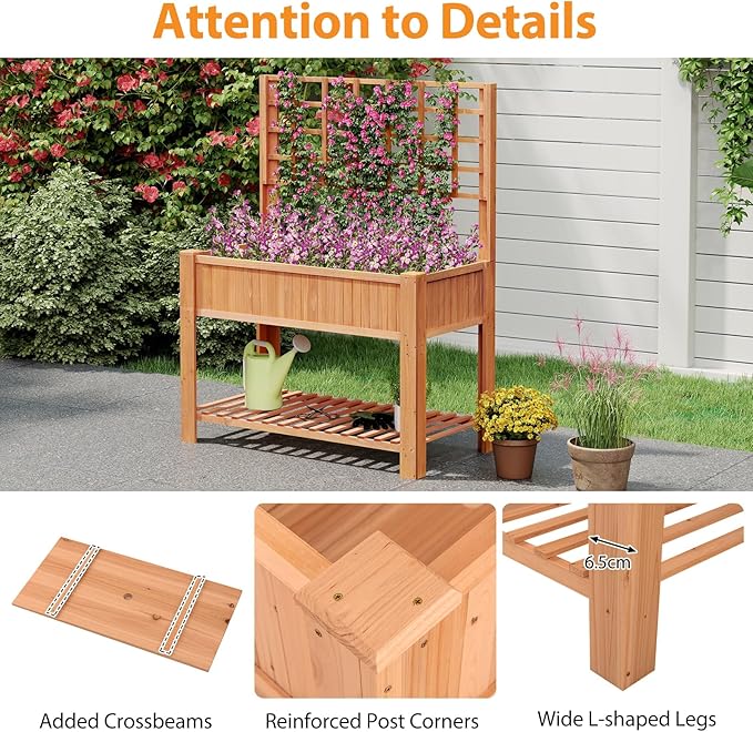 Giantex Raised Garden Bed with Trellis, Wooden Elevated Planter Box with Legs, Drainage Holes for Climbing Plants Vines Vegetables Flowers Herbs, Outdoor Horticulture Planter for Patio Yard (Brown)-PurrikoPets