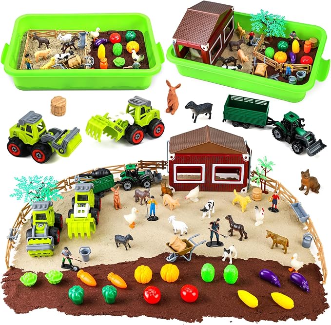 69 PCS Farm Sensory Bin Toys Playset, Sandboxes with Sand, Farmer Tractor & Farm Animals Figures Toys for Kids 3 4 5, Gifts for 6 7 Years Old Boys Girls Toddlers-PurrikoPets