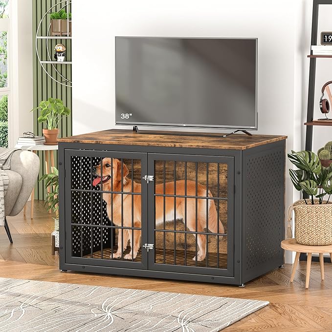 48" Rustic Heavy Duty Dog Crate Furniture for Extra Large Dogs, Metal Kennel for High Anxiety Dogs, Wooden Cage Furniture Indoor, Decorative Dog Kennel End Table, XL-PurrikoPets