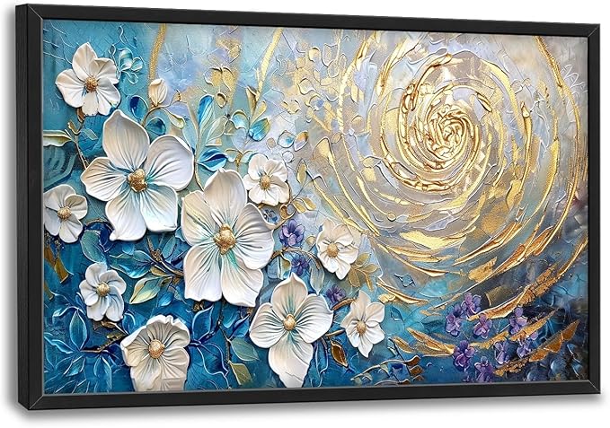 Flower Large Wall Art White Floral Pictures Abstract Golden Spiral Texture Wall Decor Canvas Print Painting Artwork for Bathroom Living Room Bedroom 36L" x 24W"-PurrikoPets