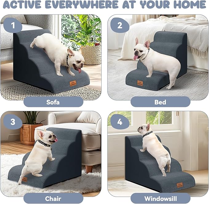 Dog Ramp and Stair for Bed 16" H-20 H,3-Step Cat Stair for Sofa and Chair,4-Step Dog Ramp for High Bed and Window,Durable Nonslip Fabric Cover for Indoor (Dark Grey-20 H, Pet Friendly, 4)-PurrikoPets