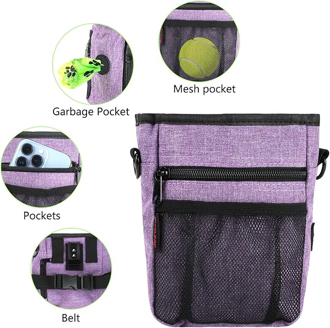 Dog Treat Pouches for Pet Training with Magnetic Closure Treat Pouches for Pet Training,Large Dog Treat Training Pouch and Dog Clicker,Training Treat Pouch Built-In Poop Bag Dispenser-Purple.-PurrikoPets