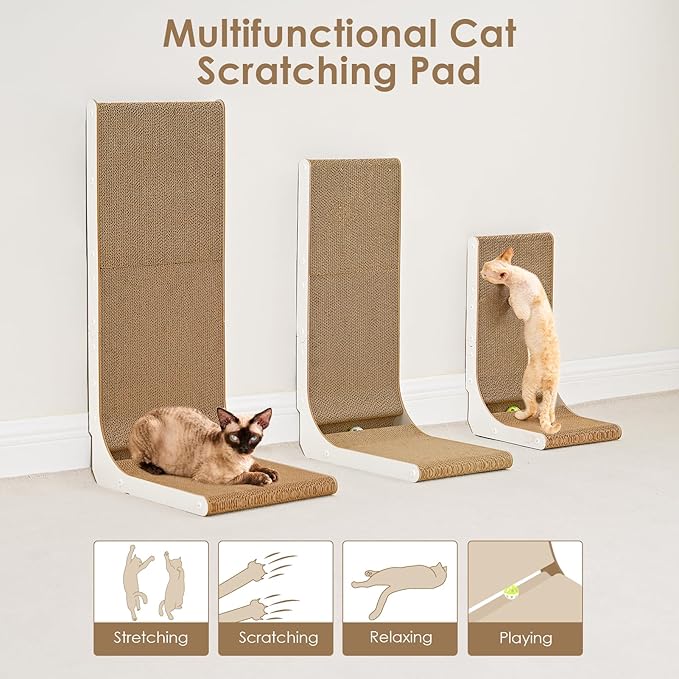 EHEYCIGA Cardboard Cat Scratcher for Indoor Cats, 26.8 Inch L Shaped Vertical Cat Scratching Board with Ball Cat Toy, Large Cat Scratcher Pad, White-PurrikoPets