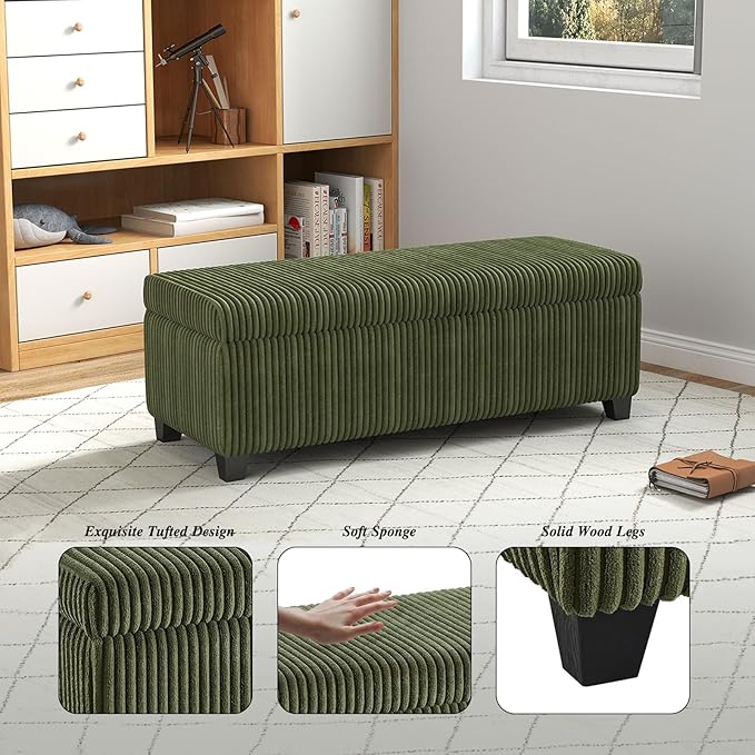 48" Green Ottoman with Storage, Corduroy Storage Ottoman Bench for Bedroom, End of Bed Bench with Safety Hinge for Living Room, Entryway-PurrikoPets
