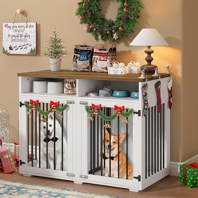 Furniture Dog Crate for 2 Dogs, 41 Inch Dog Kennel Furniture with Removable Divider and Shelf Storage, Wooden Dog Crate for Small/Medium Dogs, White-PurrikoPets