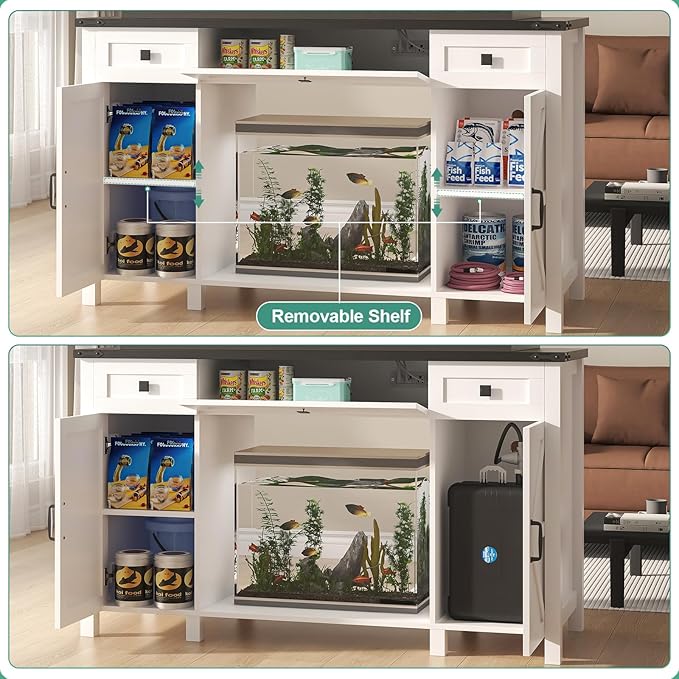 55-75 Gallon Aquarium Stand With Charging Station, Farmhouse Fish Tank Stand, Reptile Tank Stand Terrarium Stand with Drawer and Cabinet Storage, Sturdy Heavy Duty 53.5"×19.7" Tabletop - White-PurrikoPets