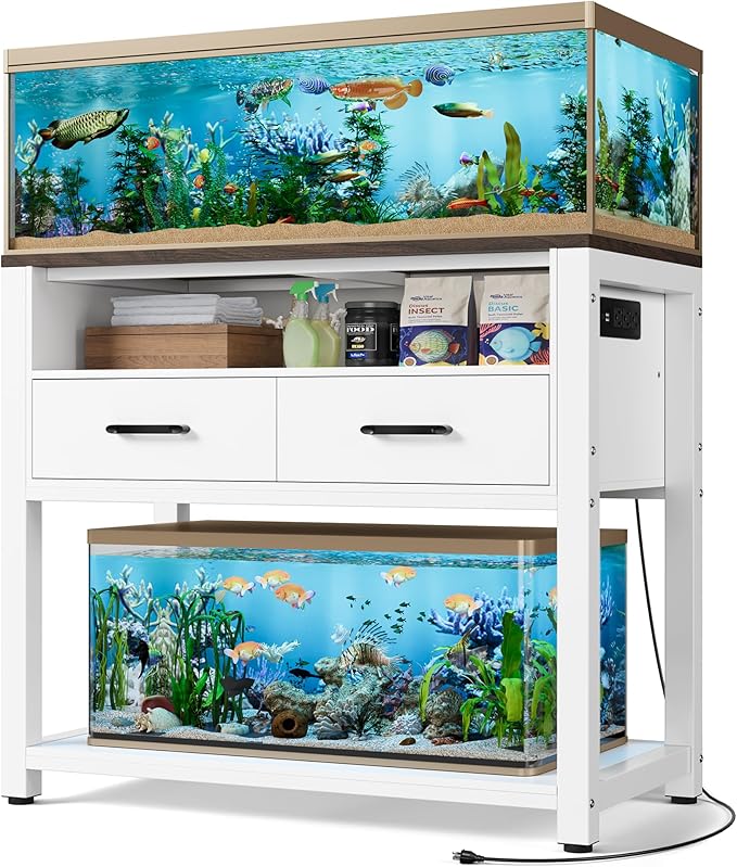 40-49 Gallon Fish Tank Stand with Two Storage Drawers, Heavy Duty Aquarium Stand with Waterproof Mat, Sturdy Metal Frame, 800 LBS Capacity Storage Cabinet, White-PurrikoPets
