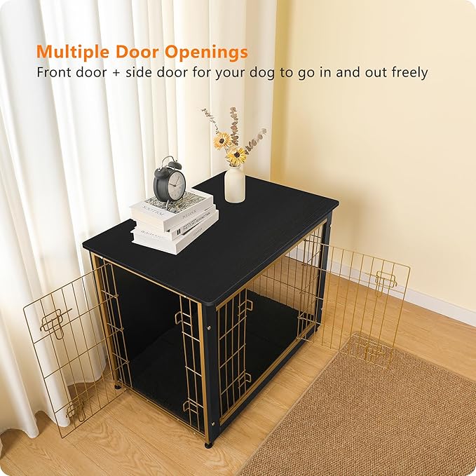DWANTON Dog Crate Furniture with Cushion, Wooden Kennel Table with Double Doors, Indoor Dog House, Medium Size, 32.5" L, Black+Gold-PurrikoPets