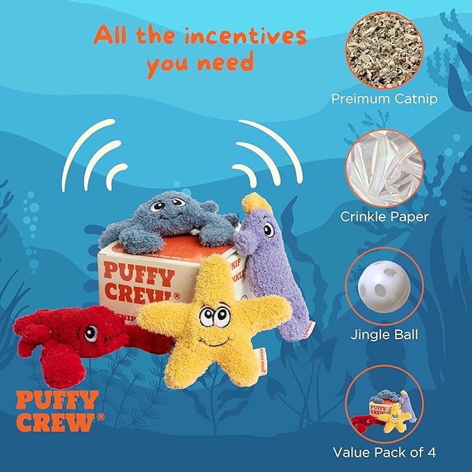 4 Pack Interactive Catnip Cat Plush Toy, Ocean Theme Set, 5'', for All Breed Size Cats (4 in 1)-PurrikoPets