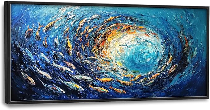 Extra Large Framed Abstract Ocean Fish Wall Art,Oversized Blue Sea Nautical Fish Wall Decor Pictures for Living Room,Canvas Print Painting Modern Artwork Bedroom Office Bathroom Home Decor 60L x30W-PurrikoPets