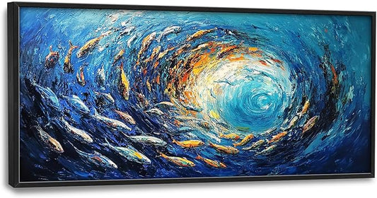 Extra Large Framed Abstract Ocean Fish Wall Art,Oversized Blue Sea Nautical Fish Wall Decor Pictures for Living Room,Canvas Print Painting Modern Artwork Bedroom Office Bathroom Home Decor 60L x30W-PurrikoPets