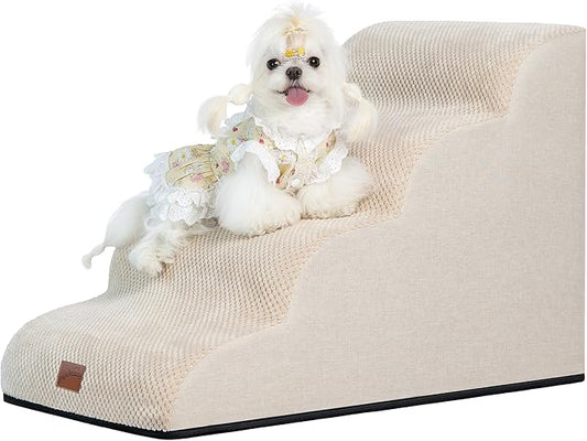 GoGoBunny Waterproof High Density Foam Curved Dog Stairs for High Beds Couches 19.7" H, 4-Step Ramp Dog Steps Friendly to Small Medium Dogs or Pets Joints, Non-Slip Balanced Durable Pet Step, Beige-PurrikoPets