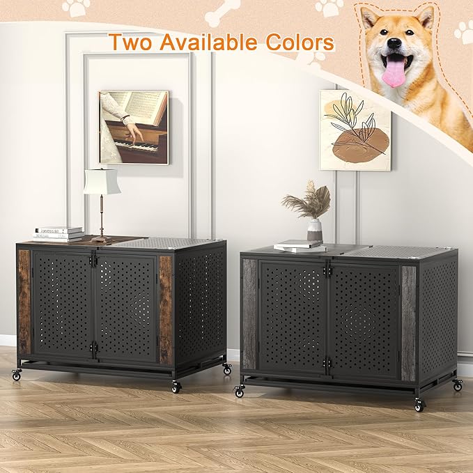 42" Heavy Duty Dog Crate Furniture for Large and Medium Dogs, Enclosed Design with 0.5 inch Holes, Indestructible Metal Kennel for High Anxiety Dogs, Chew Proof Pet House Cage Indoor, Brown-PurrikoPets