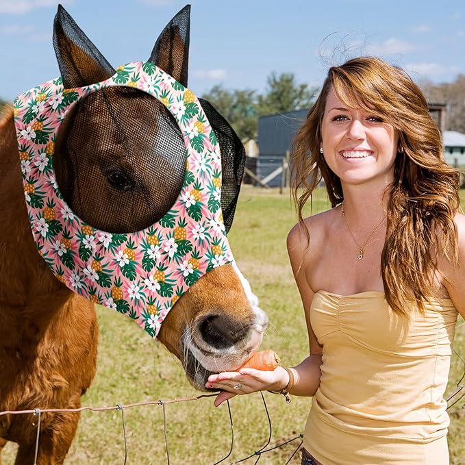 Frienda 4 Pieces Horse Fly Masks with Ears Face Covering UV Protection from Insect Pests Elasticity Smooth Comfortable Mesh Horse Mask Accessories(Fruit,Medium)-PurrikoPets