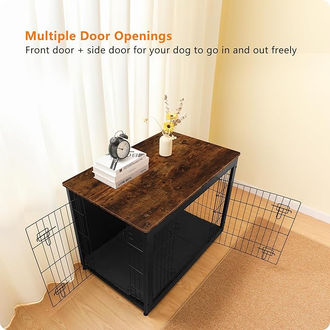 DWANTON Dog Crate Furniture with Cushion, Wooden Kennel Table with Double Doors, Indoor Dog House, Large Size, 38.5" L, Black+Rustic Brown-PurrikoPets