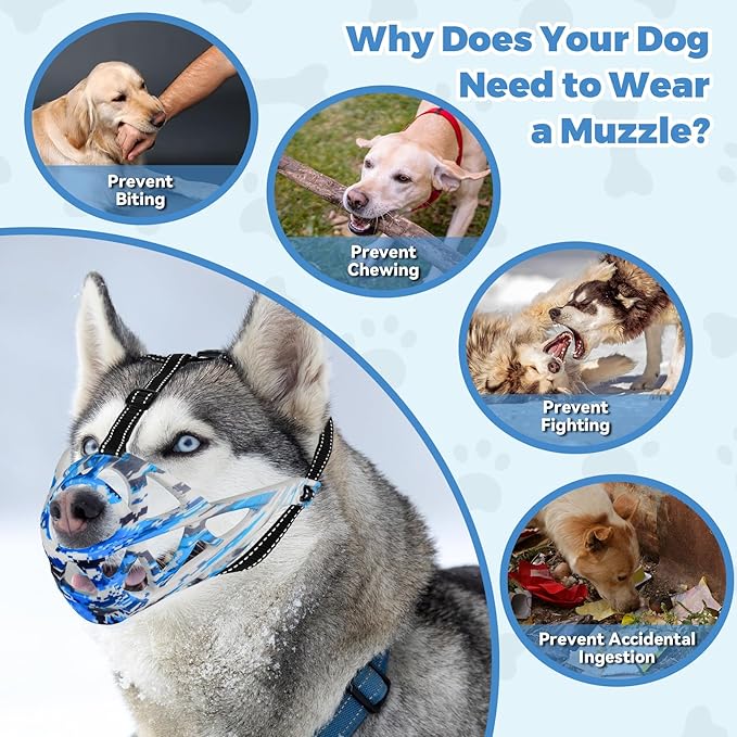 Dog Muzzle for Large Dogs, Breathable Basket Muzzles for Small, Medium and X-Large Aggressive Dog, Allows Panting Drinking, Suitable for Grooming Trimming Training (Camouflage Blue, XL)-PurrikoPets