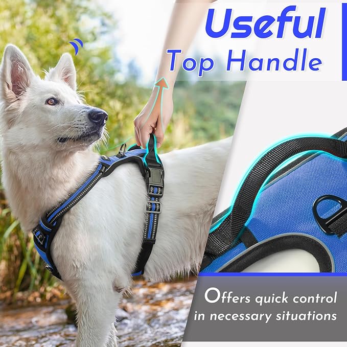 Eagloo Dog Harness for Large Dogs, No Pull Service Vest with Reflective Strips and Control Handle, Adjustable and Comfortable for Walking, No Choke Pet Harness with 2 Metal Rings, Blue, XL-PurrikoPets