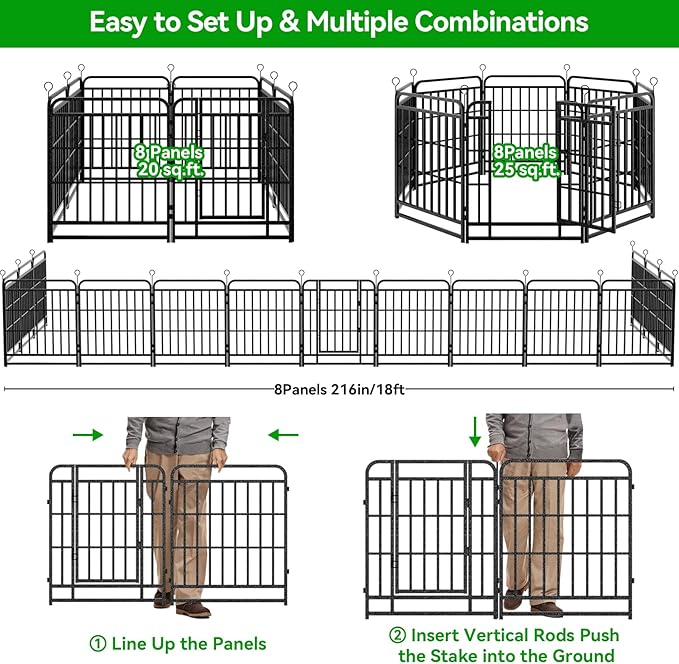 Dog Playpen Outdoor 8 Panels Heavy Duty Dog Fence 47" Height with Thick Pipe Anti-Rust with Doors Portable for RV Camping Yard, Total 18FT, 25 Sq.ft, Snowy Black-PurrikoPets