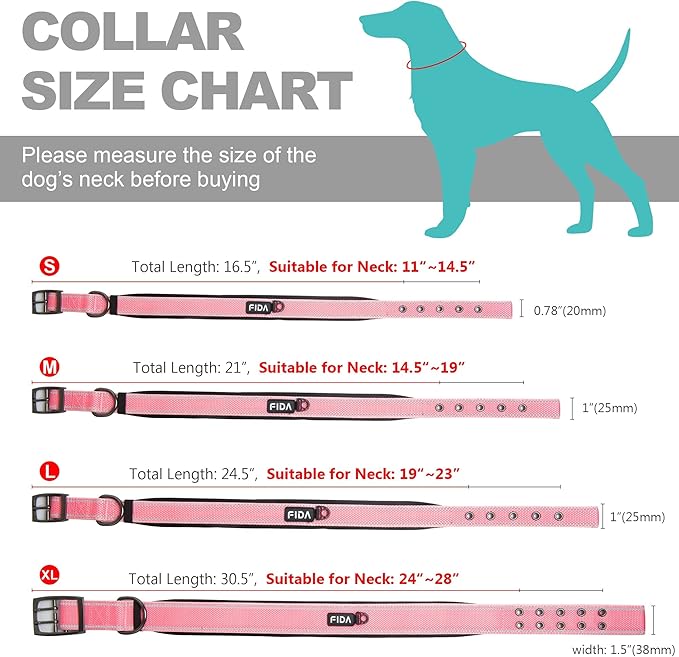 Fida Heavy Duty Dog Collar 1.5” Width, Ultra Soft Neoprene Padded, Adjustable Reflective Nylon Pet Collar with Two Metal Pin Belt Buckle for Large/X-Large Breeds (XL, Pink)-PurrikoPets