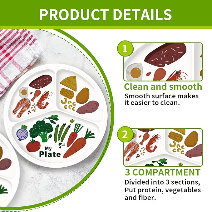 10" 3-Grid Cute Cartoon Portion Control Plate - Melamine, Healthy Nutrition for Weight Loss & Diabetes Management, Ideal for Adults & Teens Kids (4 Pack)-PurrikoPets