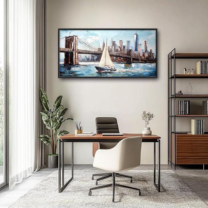 Extra Large Sailboat Framed Wall Art for Living Room,Oversized New York Brooklyn Bridge Pictures Wall Decor,Cityscape Canvas Print Painting Modern Artwork Bedroom Office Bathroom 60L" x 30W"-PurrikoPets
