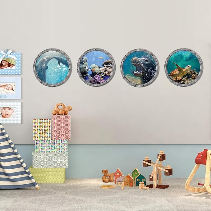 4 PCS Removable 3D Under The Sea Nature Scenery Wall Decals - Animals Wall Sticker Home Wall Art Decor for Bathroom Bedroom Door Kids Baby Nursery Room - Includes Turtles, Dolphins, Sea Lions, Coral-PurrikoPets